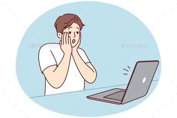 Stunned Man Shocked By News on Computer, Vectors | GraphicRiver