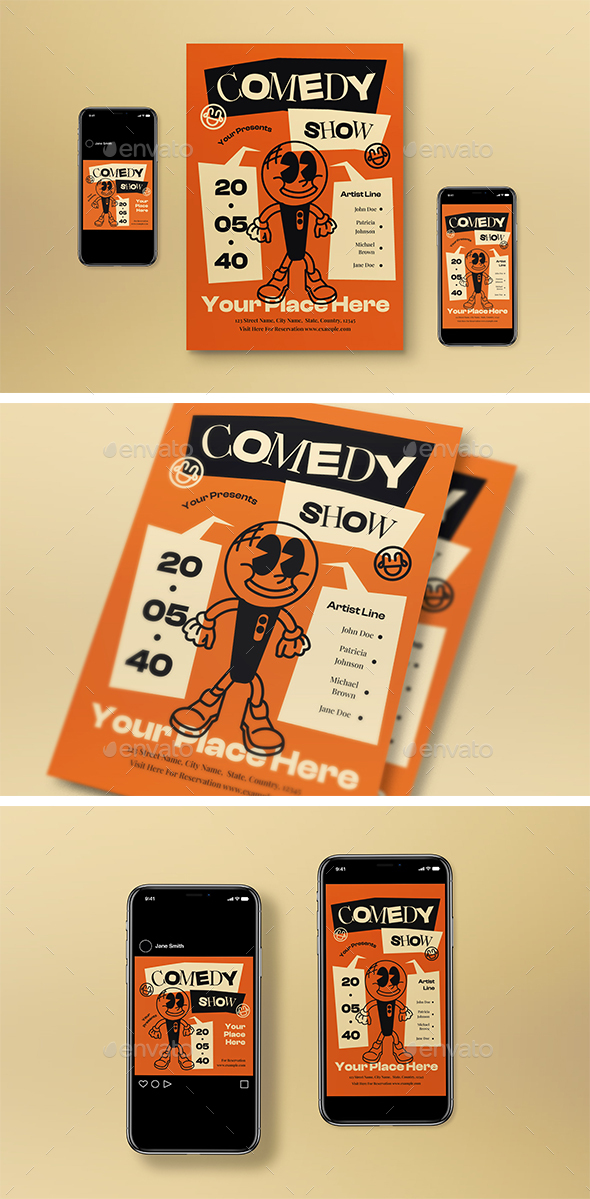 Orange Retro Cartoon Comedy Show Flyer Set, Print Templates | GraphicRiver
