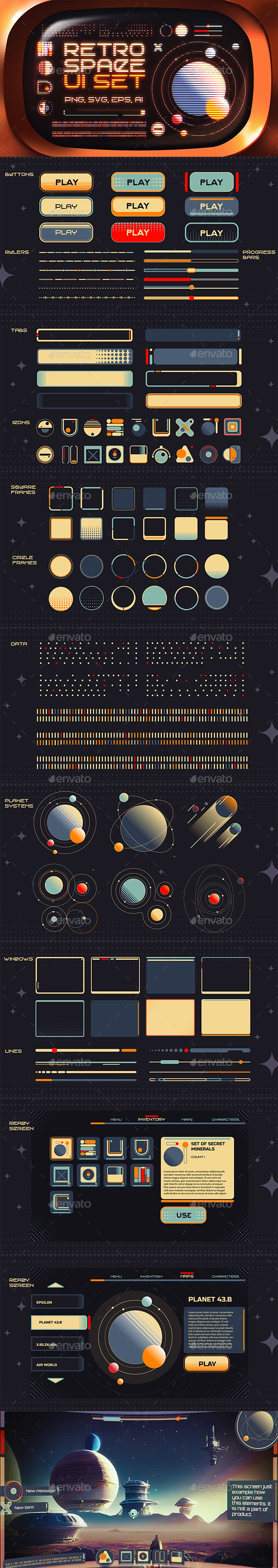 Retro Space UI. Set of 100 elements, Game Assets | GraphicRiver