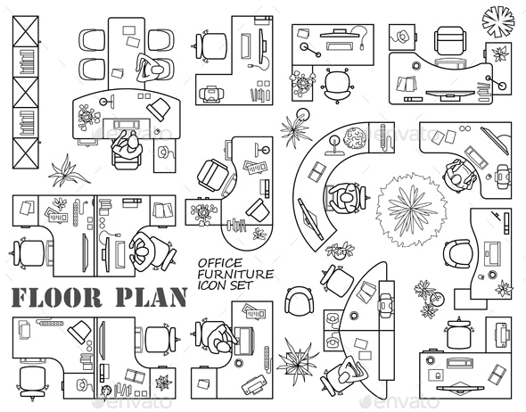 Floor plan furniture icon for office in top view. Vector table set, Vectors
