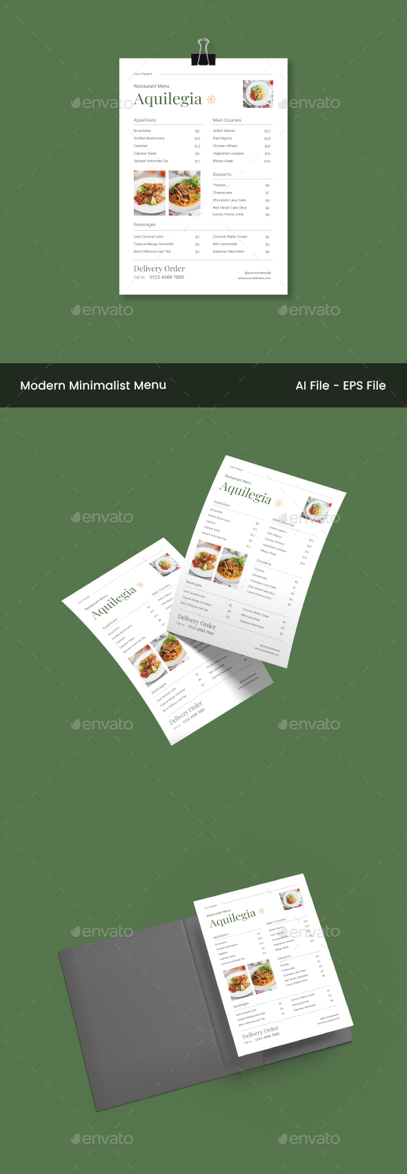 Green White Orange Modern Minimalist Food Menu Restaurant, Print Templates