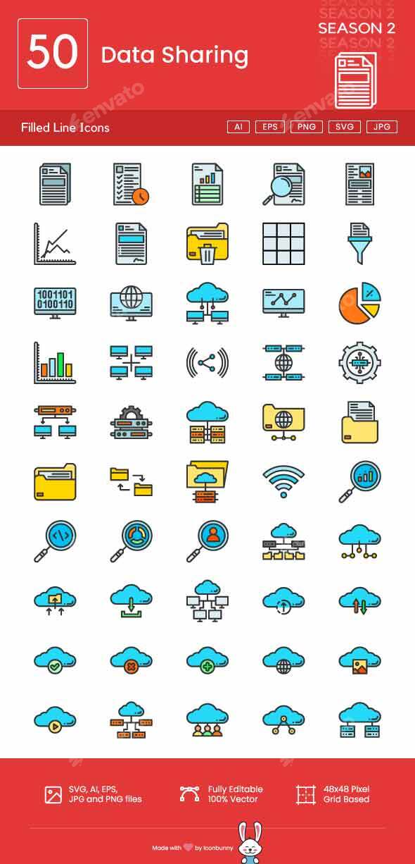 Data Sharing Filled Line Icons, Icons | GraphicRiver