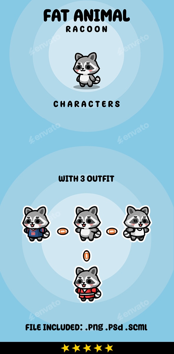 Cute Fat Animal Racoon Characters, Game Assets | GraphicRiver