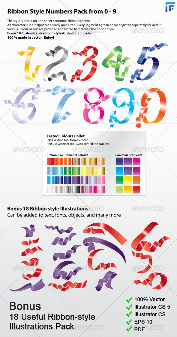 Ribbon Style Numbers Pack 0-9, Vectors | GraphicRiver
