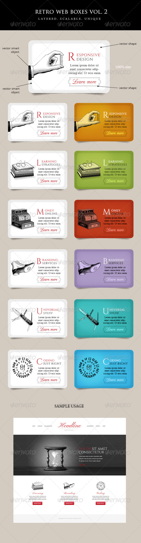 Vintage Web Boxes with Icons Vol 2, Web Elements | GraphicRiver