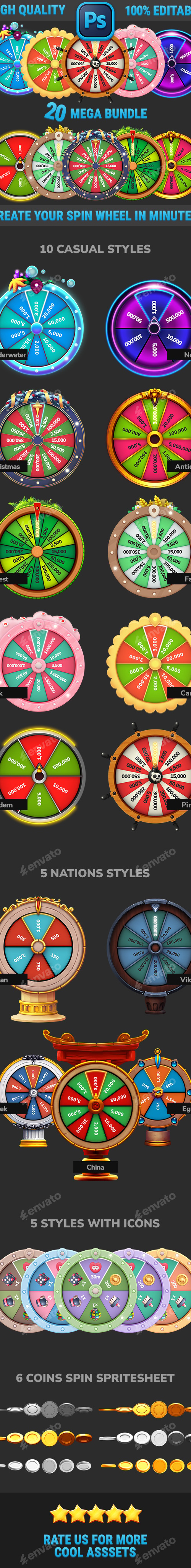 20 Spin Wheel Themes • UI Fortune Mega Bundle, Game Assets | GraphicRiver