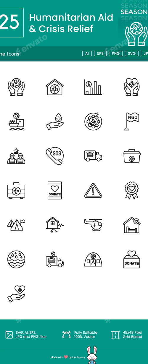 25 Humanitarian Aid & Crisis Relief Line Icons, Icons | GraphicRiver