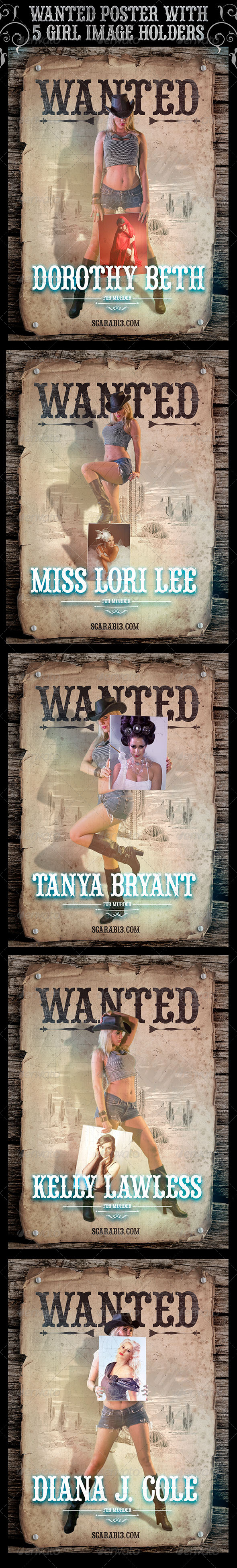Wanted Poster with 5 Cowgirl ImageHolders, Graphics | GraphicRiver