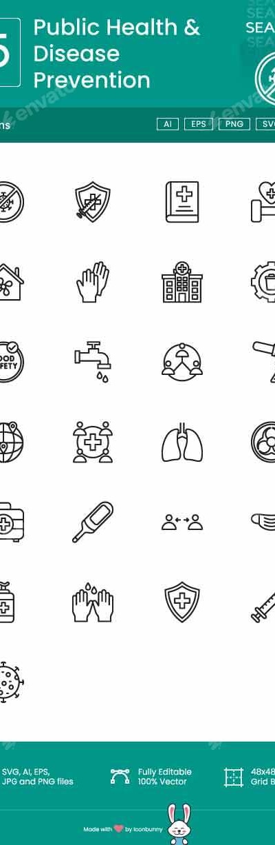25 Public Health & Disease Prevention Line Icons, Icons | GraphicRiver