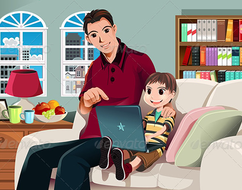 Father and Son Using Computer, Vectors | GraphicRiver