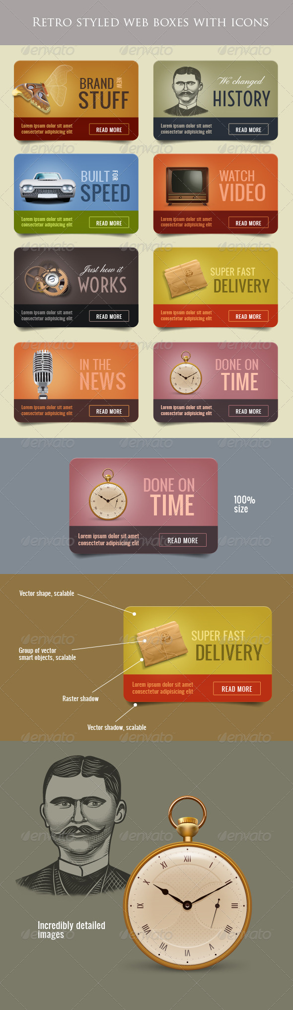 Retro Web Boxes with Icons, Web Elements | GraphicRiver