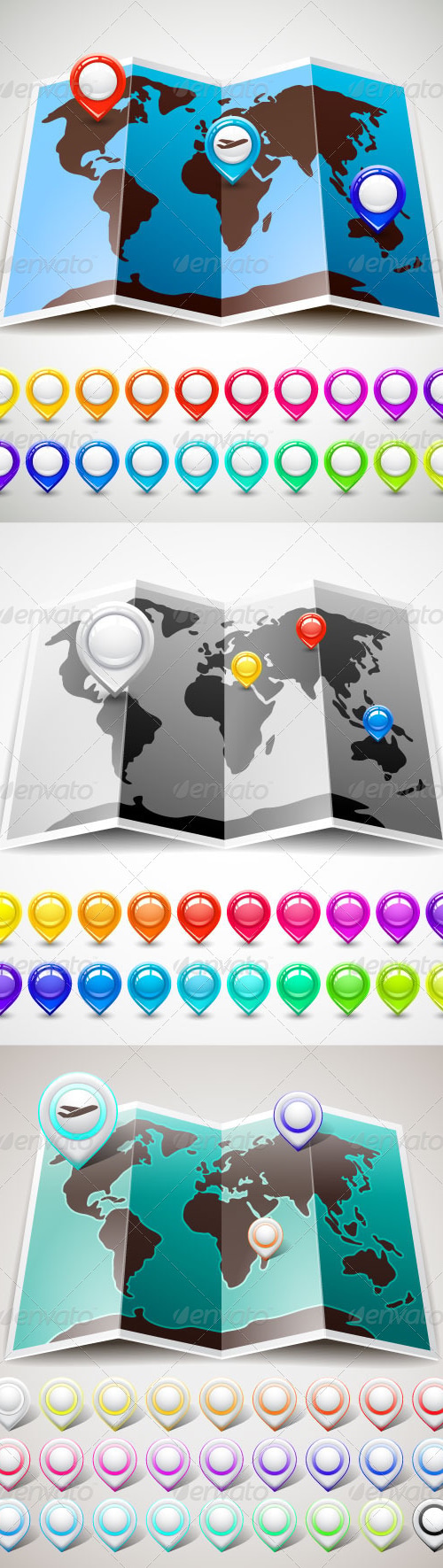 Set of 65 colored pins and 3 maps, Vectors | GraphicRiver
