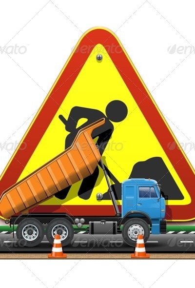 Vector Road Construction Concept with Truck, Vectors | GraphicRiver