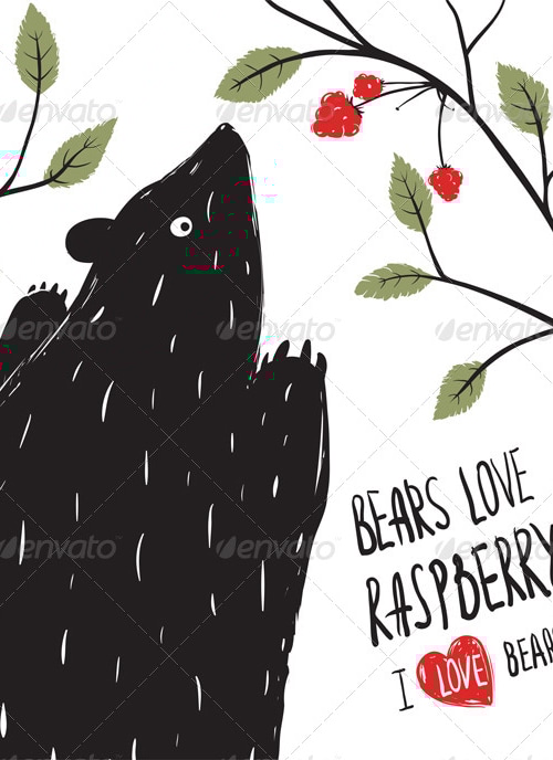 Wild Black Bear Loves Raspberry, Vectors | GraphicRiver