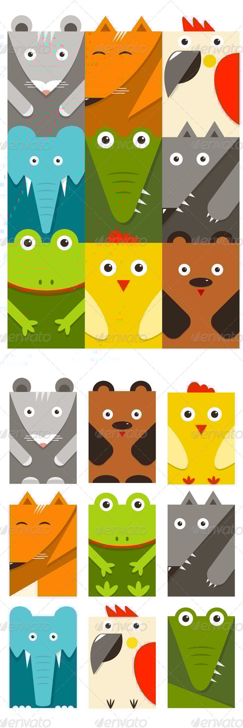Flat Childish Rectangular Animals Set, Vectors | GraphicRiver