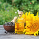Sunflower seeds and flowers with bottle of oil on wooden table Sunflower seeds and flowers with bottle of oil on wooden table - PhotoDune Item for Sale