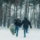 Running happy couple in the forest with pine tree Stock Photo by AlonaPhoto