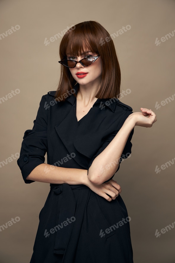 Sexy woman Glasses makeup red lips black coat Stock Photo by shotprime Sexy woman Glasses makeup red lips black coat Stock Photo by shotprime