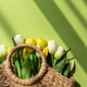 Mothers Day Straw Bag with Colorful Tulips on Green Background Mothers Day Straw Bag with Colorful Tulips on Green Background - PhotoDune Item for Sale