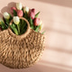 Tulip Bouquet in Straw Handbag. Stylish Spring Floral Composition on Pink Background Tulip Bouquet in Straw Handbag. Stylish Spring Floral Composition on Pink Background - PhotoDune Item for Sale