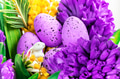 Easter composition with cute bunny, fresh flowers, eags in trendy violet color. Btright card Easter composition with cute bunny, fresh flowers, eags in trendy violet color. Btright card - PhotoDune Item for Sale