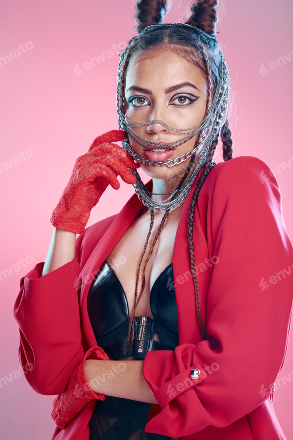 Woman, bdsm fashion and portrait in studio for makeup, erotic clothes or sexy chain mask by pink ba Stock Photo by YuriArcursPeopleimages Woman, bdsm fashion and portrait in studio for makeup, erotic clothes or sexy chain mask by pink ba Stock Photo by YuriArcursPeopleimages