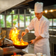 Professional chef cooking with intense flames in a commercial kitchen setting Professional chef cooking with intense flames in a commercial kitchen setting - PhotoDune Item for Sale