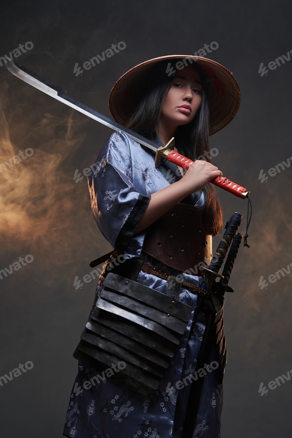Samurai Traveling Hat Japanese Woman Fighter Wearing Straw Hat