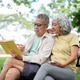 Glasses old man holding pointing at book to a woman while sitting reading together on bench in park. Glasses old man holding pointing at book to a woman while sitting reading together on bench in park. - PhotoDune Item for Sale