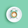 Alarm Clock with Dial of Cappuccino on Mint Background. Alarm Clock with Dial of Cappuccino on Mint Background. - PhotoDune Item for Sale