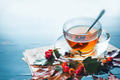 Glass tea cup in autumn still life with rain, leaves, book pages and berries on a wet background Glass tea cup in autumn still life with rain, leaves, book pages and berries on a wet background - PhotoDune Item for Sale