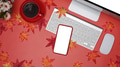 Top view smart phone, coffee cup, computer and maple leaves on red background. Top view smart phone, coffee cup, computer and maple leaves on red background. - PhotoDune Item for Sale