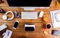Desk with various gadgets and office supplies. Flat lay Desk with various gadgets and office supplies. Flat lay - PhotoDune Item for Sale