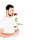 Handsome man smelling red rose isolated on white Stock Photo by ...