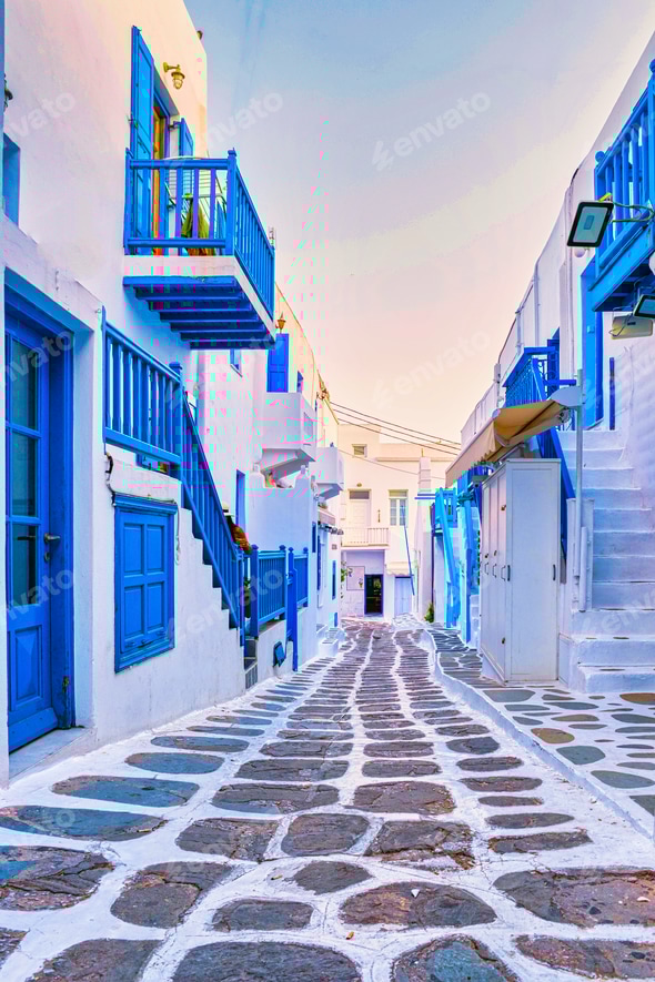 empty street of Mykonos Greek village in Greece, colorful streets