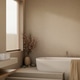 White tub with draped towel and flower vase on steps aside sink counter and window blind in bathroom White tub with draped towel and flower vase on steps aside sink counter and window blind in bathroom - PhotoDune Item for Sale