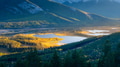 Mountain landscape at dawn. Sunbeams in a valley. Lakes and forest in a mountain valley at dawn. Mountain landscape at dawn. Sunbeams in a valley. Lakes and forest in a mountain valley at dawn. - PhotoDune Item for Sale