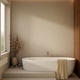 White tub with towel draped over edge and flower vase on steps over tiles floor in a modern bathroom White tub with towel draped over edge and flower vase on steps over tiles floor in a modern bathroom - PhotoDune Item for Sale