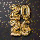 New year 2026 balloon celebration card. Gold foil helium balloons number 2026 on dark background. New year 2026 balloon celebration card. Gold foil helium balloons number 2026 on dark background. - PhotoDune Item for Sale