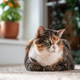 Calm relaxed calico cat with loaf position sitting on jute rug at home, close-up Calm relaxed calico cat with loaf position sitting on jute rug at home, close-up - PhotoDune Item for Sale
