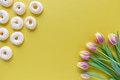 Easter greeting card template on yellow background with sweet meringues and tulips Easter greeting card template on yellow background with sweet meringues and tulips - PhotoDune Item for Sale