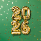 New year 2026 balloon celebration card. Gold foil helium balloons number 2026 on green background New year 2026 balloon celebration card. Gold foil helium balloons number 2026 on green background - PhotoDune Item for Sale