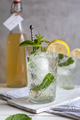 Refreshing lemonade drink with ice, lemon and mint with syrup bottle in the background Refreshing lemonade drink with ice, lemon and mint with syrup bottle in the background - PhotoDune Item for Sale