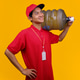 Delivery Man in Red Uniform Smiling and Looking Away While Carrying Large Water Gallon Delivery Man in Red Uniform Smiling and Looking Away While Carrying Large Water Gallon - PhotoDune Item for Sale