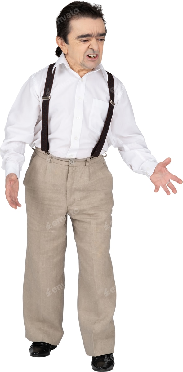 an older man wearing suspenders and a white shirt and khaki pants