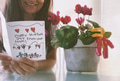 Mom smiling reading a Mother’s Day card with a beautiful Cyclamen flower plant gift from her kids Mom smiling reading a Mother’s Day card with a beautiful Cyclamen flower plant gift from her kids - PhotoDune Item for Sale