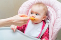 Feeding cute baby girl in pram with spoon Feeding cute baby girl in pram with spoon - PhotoDune Item for Sale