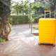 Bright yellow suitcase stands on a sunlit pathway surrounded by lush greenery Bright yellow suitcase stands on a sunlit pathway surrounded by lush greenery - PhotoDune Item for Sale
