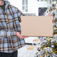 A courier with a parcel box in the kitchen with white Christmas decorations and a Christmas tree A courier with a parcel box in the kitchen with white Christmas decorations and a Christmas tree - PhotoDune Item for Sale