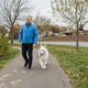 Man walking white swiss shepherd dog on path Man walking white swiss shepherd dog on path - PhotoDune Item for Sale